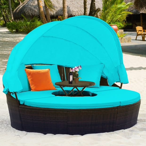 Round Patio Daybed with Retractable Canopy and Coffee Table