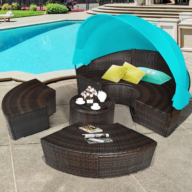 Round Patio Daybed with Retractable Canopy and Coffee Table