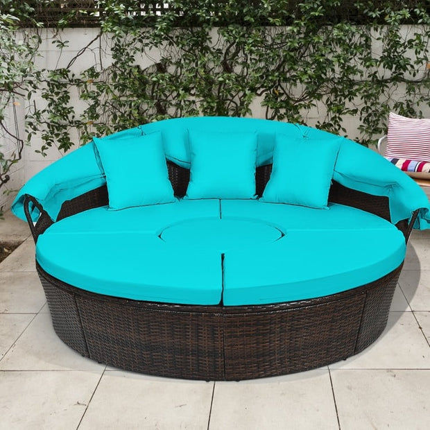 Round Patio Daybed with Retractable Canopy and Coffee Table