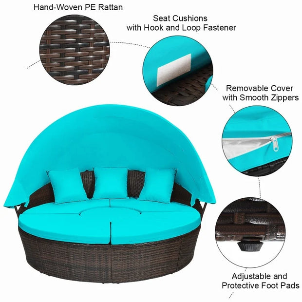 Round Patio Daybed with Retractable Canopy and Coffee Table