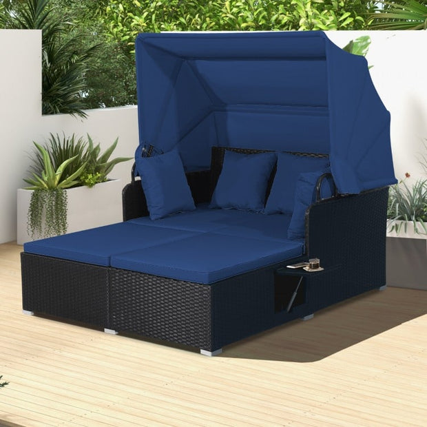 Patio Rattan Daybed with Retractable Canopy and Side Tables