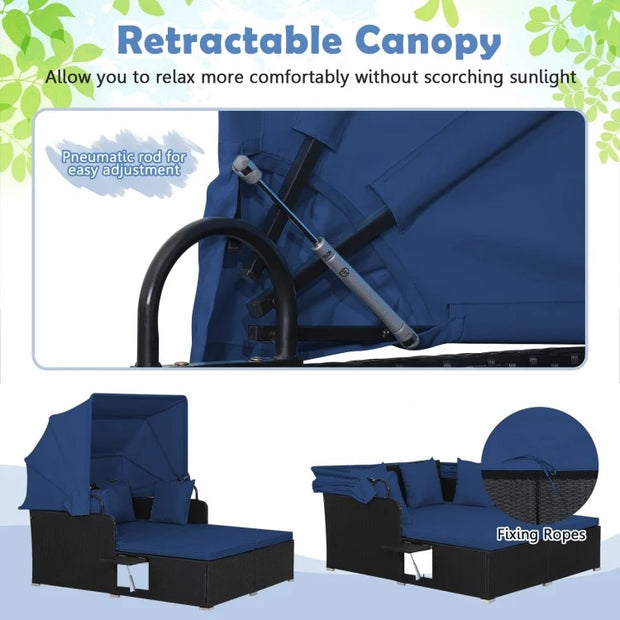 Patio Rattan Daybed with Retractable Canopy and Side Tables