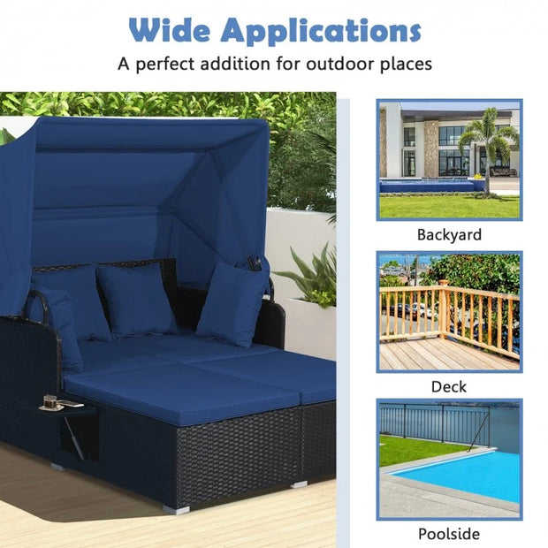 Patio Rattan Daybed with Retractable Canopy and Side Tables