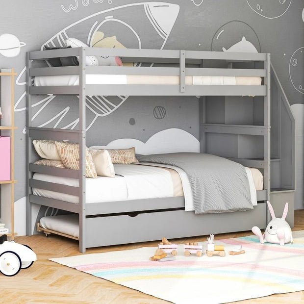 3-in-1 Bunk Bed with Guard Rail and 4-Step Storage Stairs